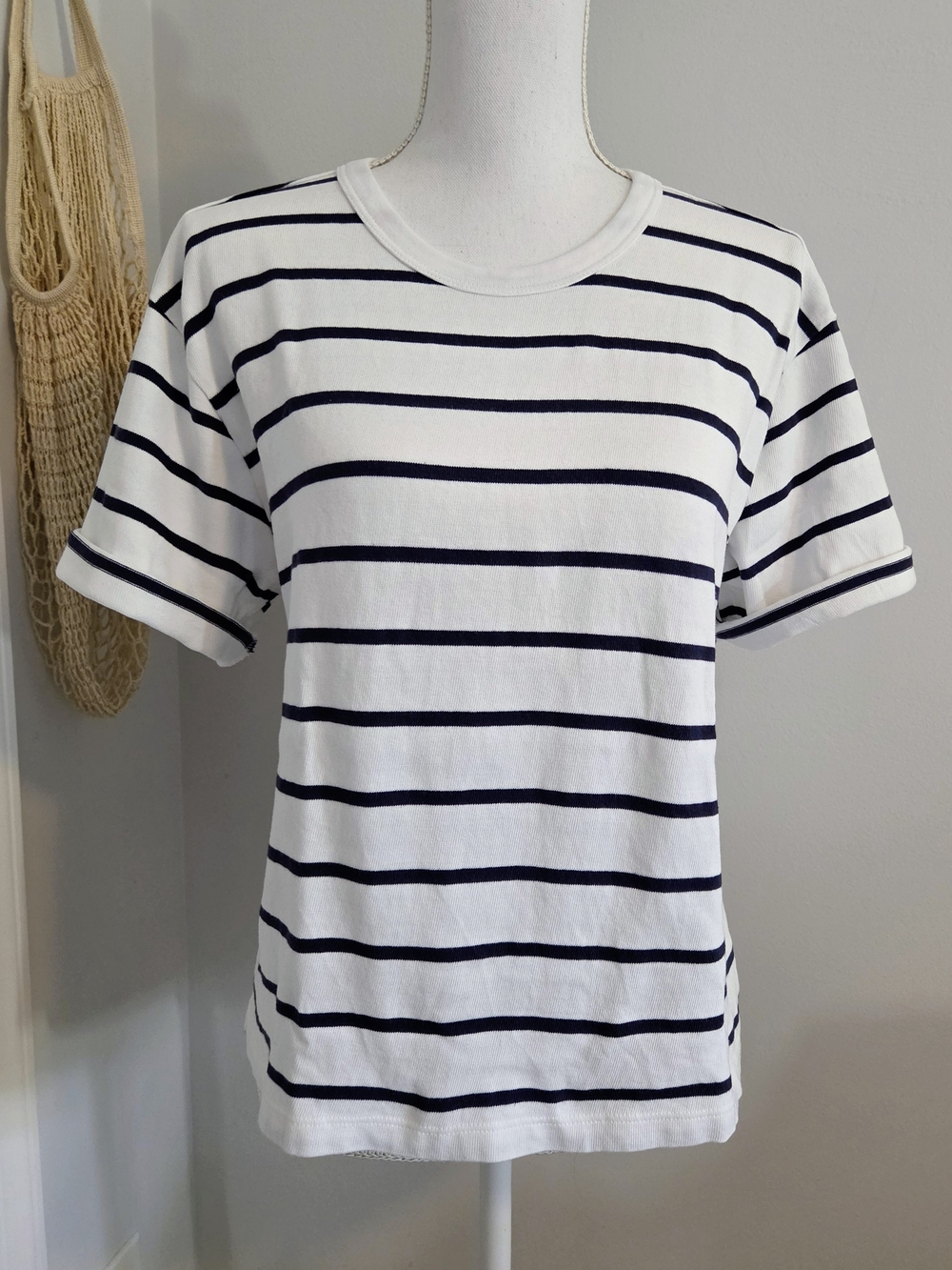 AYR The Practice Tee Dime Knit Tee Shirt - Expat White / Navy Blue - Large